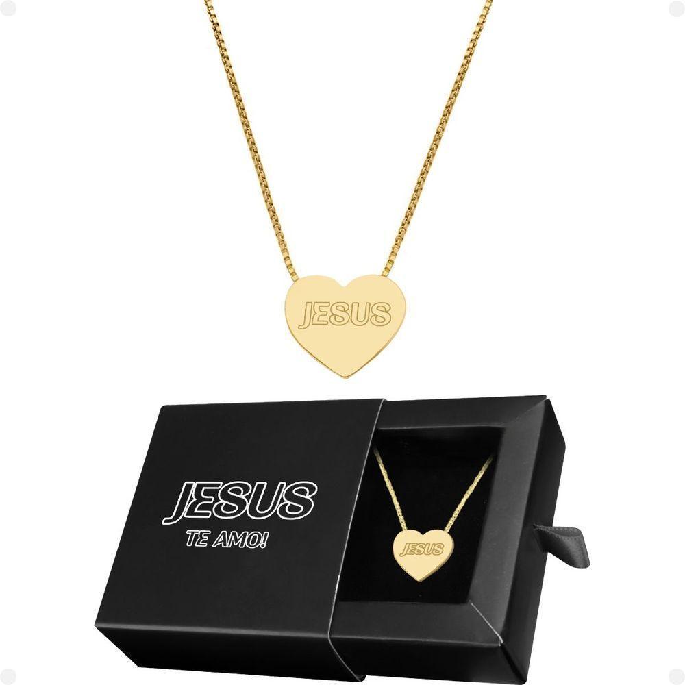 Colar Feminino Aço Dourado + Caixa + Pingente Jesus Coração Presente Social Casual Qualidade Premium - 1