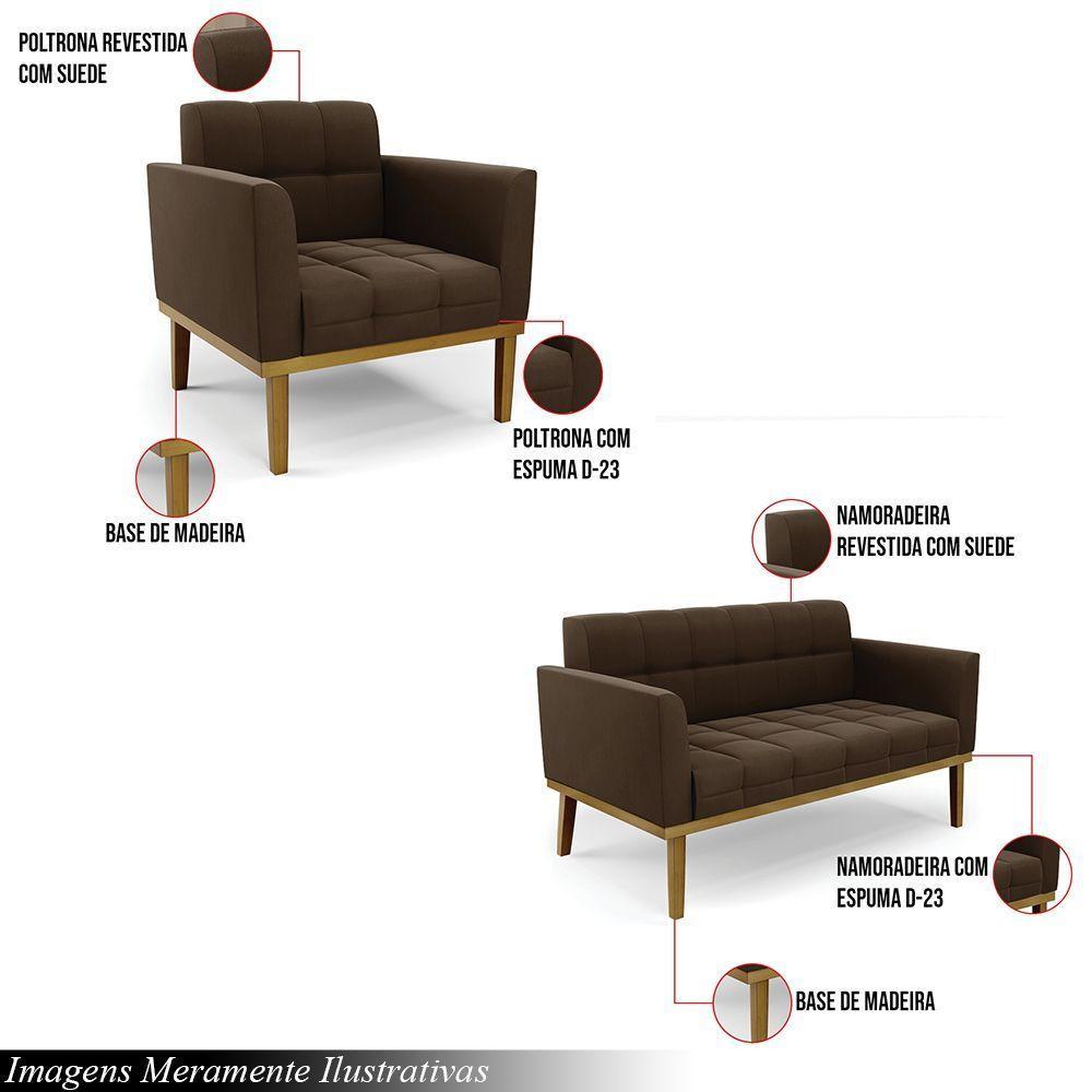 Conjunto 2 Poltronas E 1 Namoradeira Decorativa Pés Fixo Em Madeira Castanho Suede Marrom 19 - 6