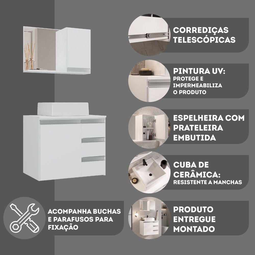 Conjunto Gabinete Banheiro Prisma 60cm - Gabinete + Cuba + Espelheira Branco Inteiro - 3