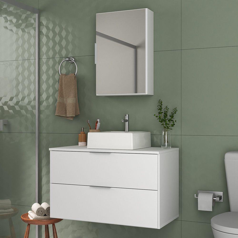 Conjunto Gabinete Banheiro Rubi 80cm - Gabinete + Cuba + Espelheira Branco Inteiro - 1