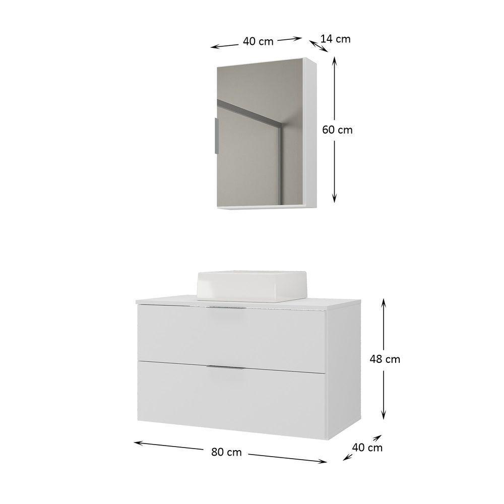 Conjunto Gabinete Banheiro Rubi 80cm - Gabinete + Cuba + Espelheira Branco Inteiro - 3