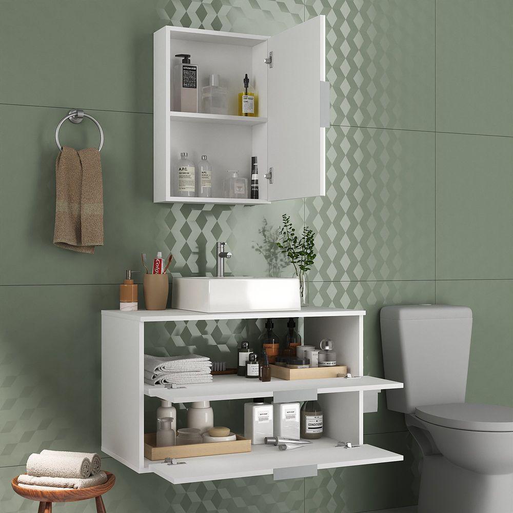 Conjunto Gabinete Banheiro Rubi 80cm - Gabinete + Cuba + Espelheira Branco Inteiro - 6