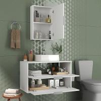 Conjunto Gabinete Banheiro Rubi 80cm - Gabinete + Cuba + Espelheira Branco Inteiro - 6