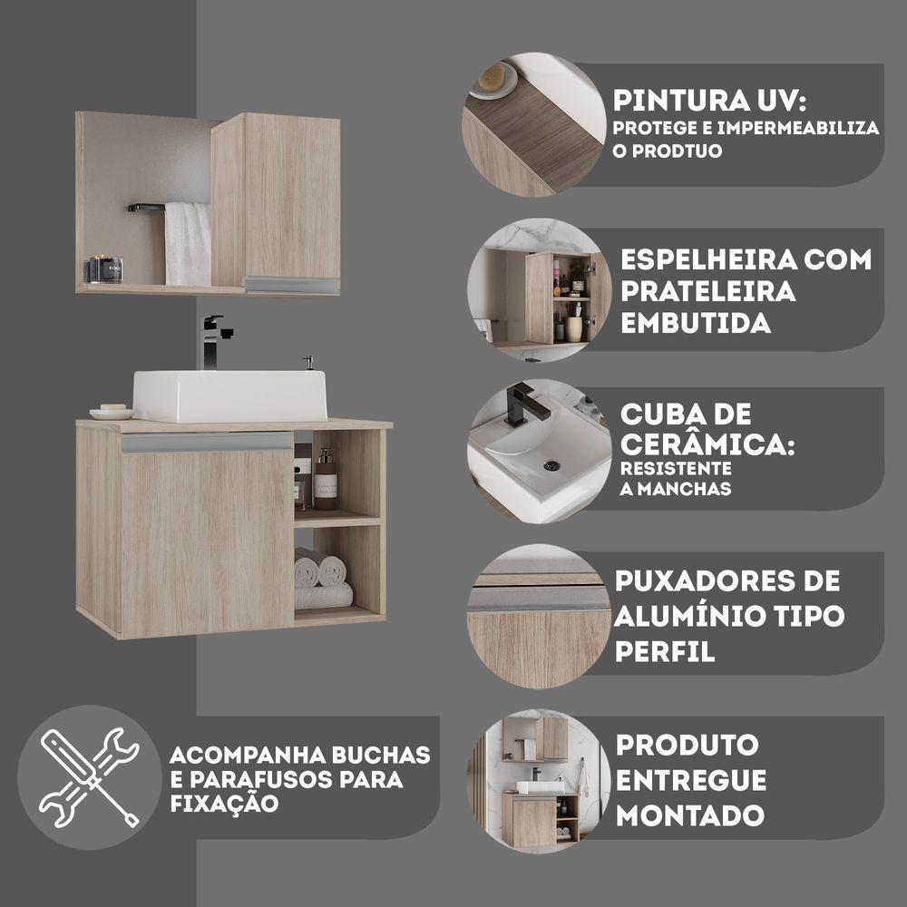 Conjunto Gabinete Banheiro Virtus 60cm - Gabinete + Cuba + Espelheira Madeirado Inteiro - 2