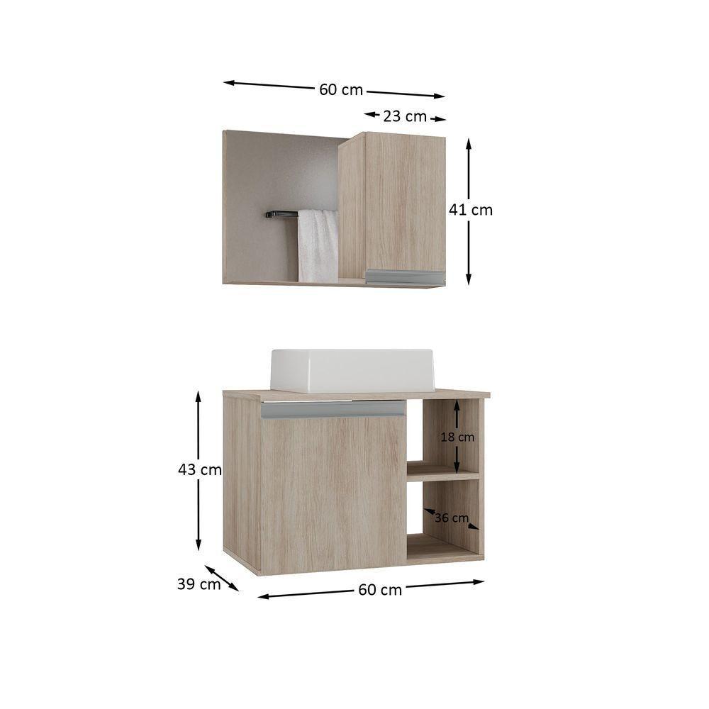Conjunto Gabinete Banheiro Virtus 60cm - Gabinete + Cuba + Espelheira Madeirado Inteiro - 3