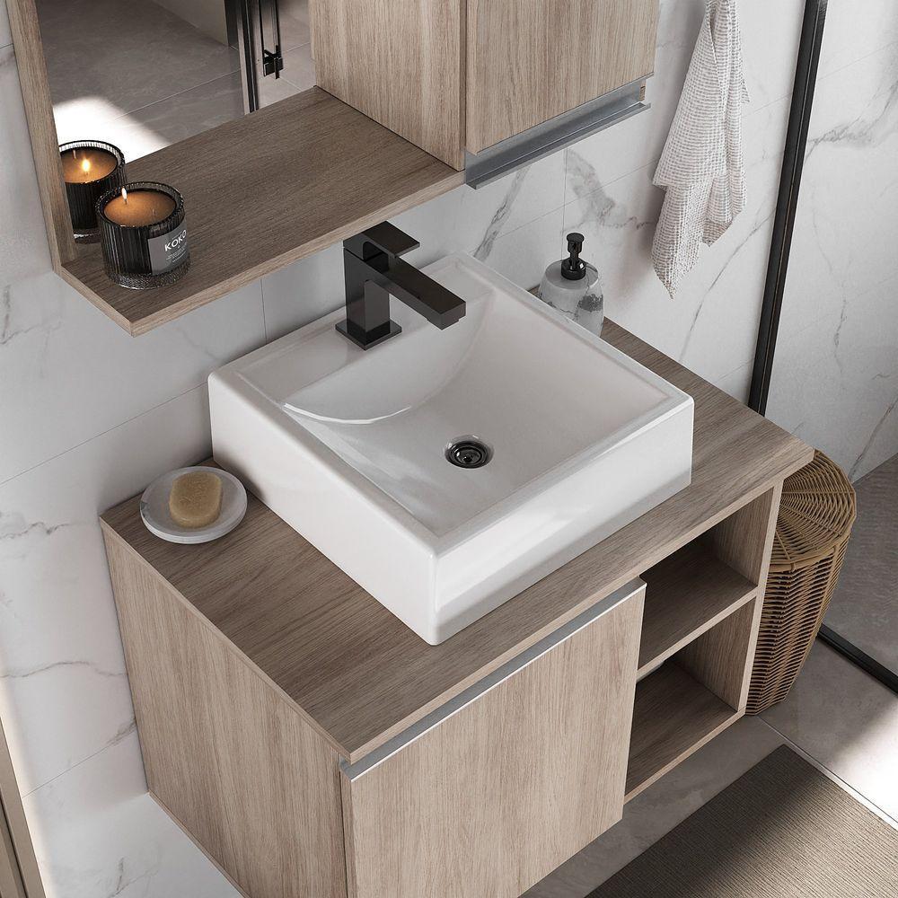 Conjunto Gabinete Banheiro Virtus 60cm - Gabinete + Cuba + Espelheira Madeirado Inteiro - 6