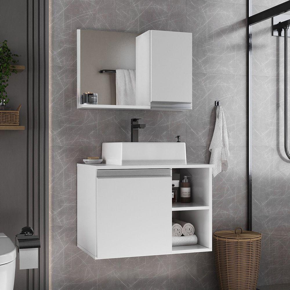 Conjunto Gabinete Banheiro Virtus 60cm - Gabinete + Cuba + Espelheira Branco Inteiro - 1