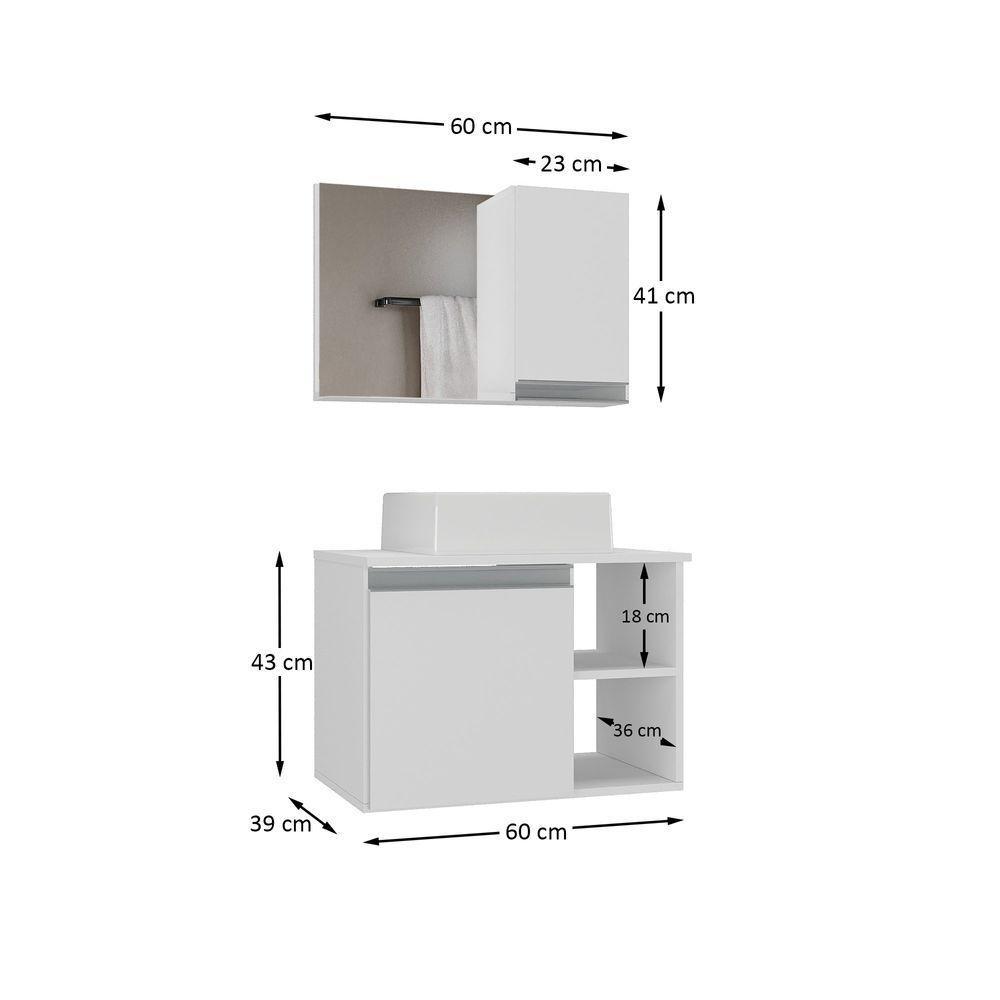 Conjunto Gabinete Banheiro Virtus 60cm - Gabinete + Cuba + Espelheira Branco Inteiro - 2