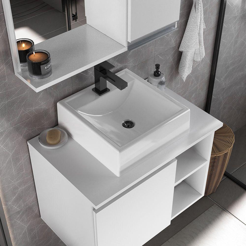 Conjunto Gabinete Banheiro Virtus 60cm - Gabinete + Cuba + Espelheira Branco Inteiro - 5