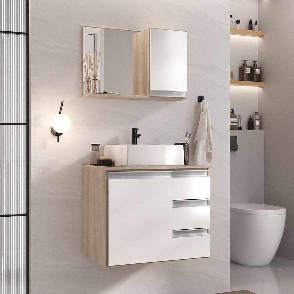 Conjunto Gabinete Banheiro Prisma 60cm - Gabinete + Cuba + Espelheira - Com Vidro Madeirado Branco - 1