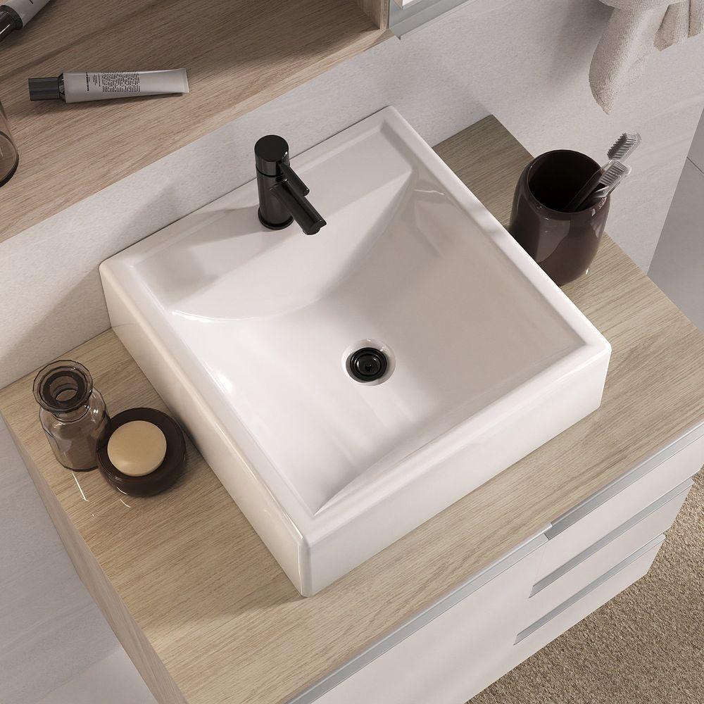 Conjunto Gabinete Banheiro Prisma 60cm - Gabinete + Cuba + Espelheira - Com Vidro Madeirado Branco - 3