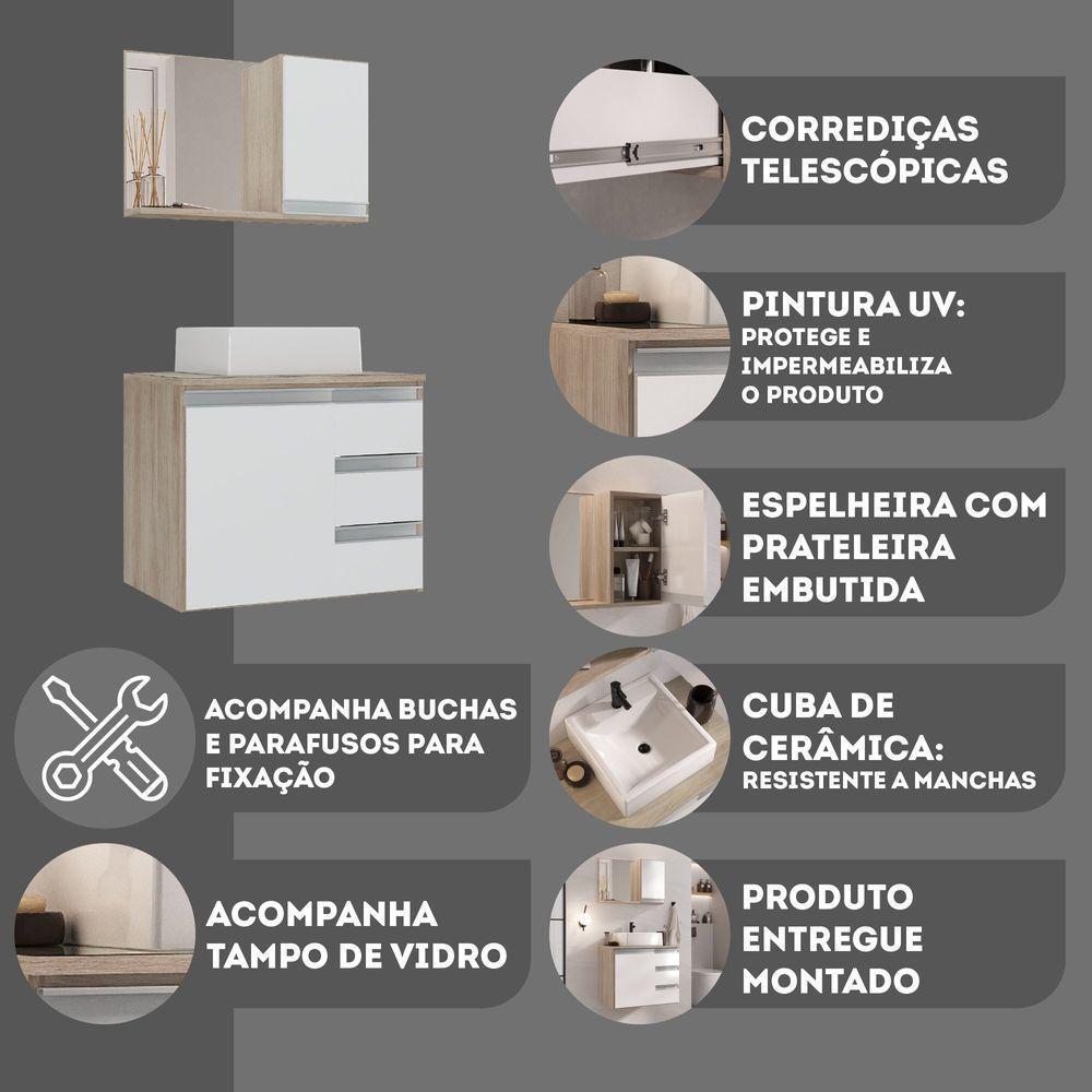 Conjunto Gabinete Banheiro Prisma 60cm - Gabinete + Cuba + Espelheira - Com Vidro Madeirado Branco - 5