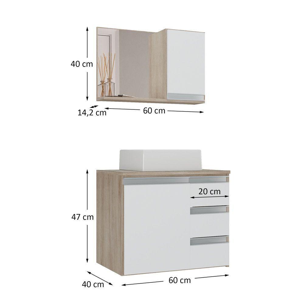 Conjunto Gabinete Banheiro Prisma 60cm - Gabinete + Cuba + Espelheira - Com Vidro Madeirado Branco - 6