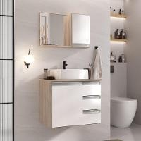 Conjunto Gabinete Banheiro Prisma 60cm - Gabinete + Cuba + Espelheira - Com Vidro Madeirado Branco - 1