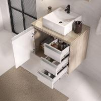 Conjunto Gabinete Banheiro Prisma 60cm - Gabinete + Cuba + Espelheira - Com Vidro Madeirado Branco - 2