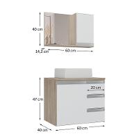 Conjunto Gabinete Banheiro Prisma 60cm - Gabinete + Cuba + Espelheira - Com Vidro Madeirado Branco - 6