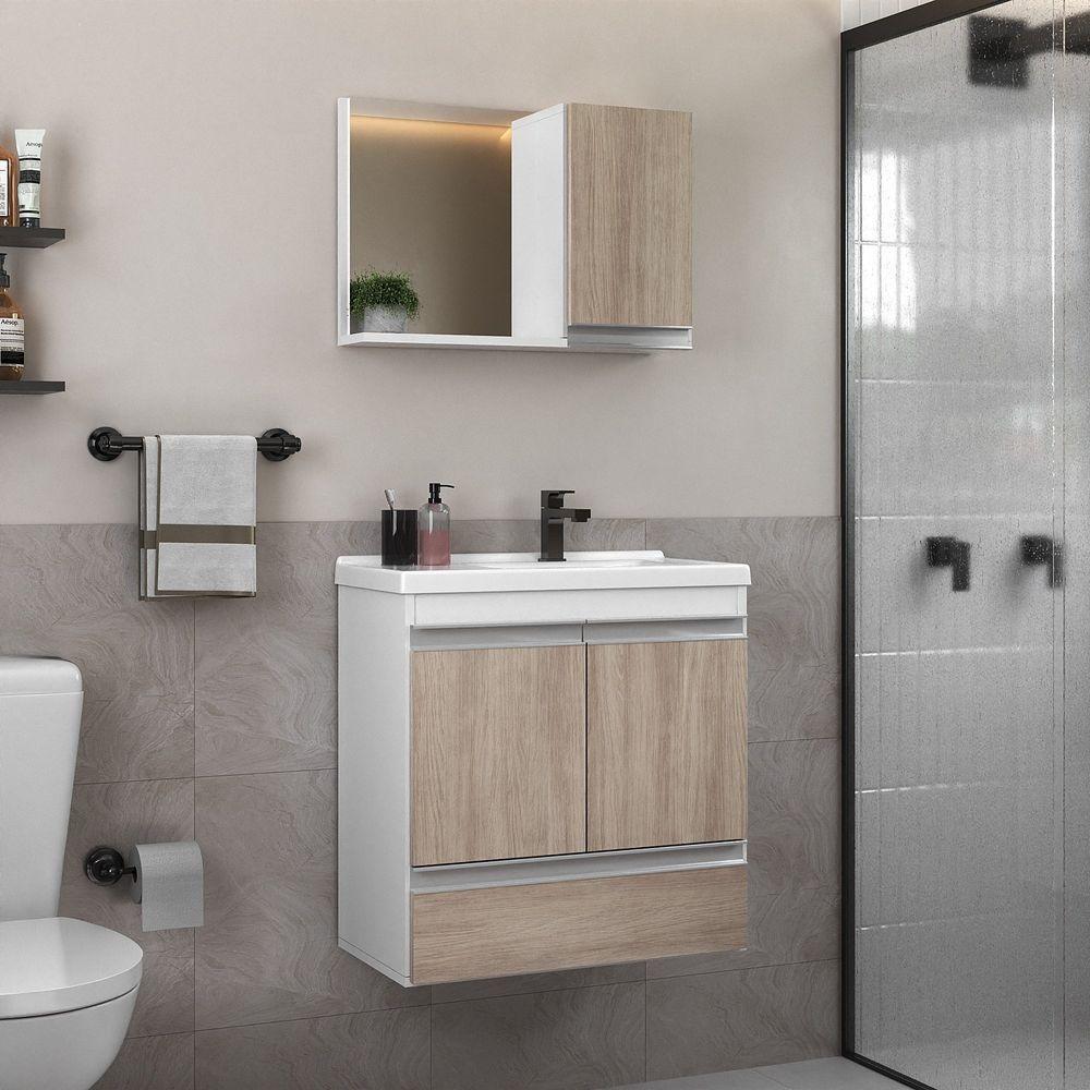 Conjunto Gabinete Banheiro Fox 60cm (gabinete + Cuba + Espelheira) Branco Madeirado - 1