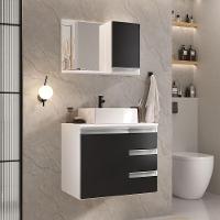 Conjunto Gabinete Banheiro Prisma 60cm - Gabinete + Cuba + Espelheira Branco Preto - 1