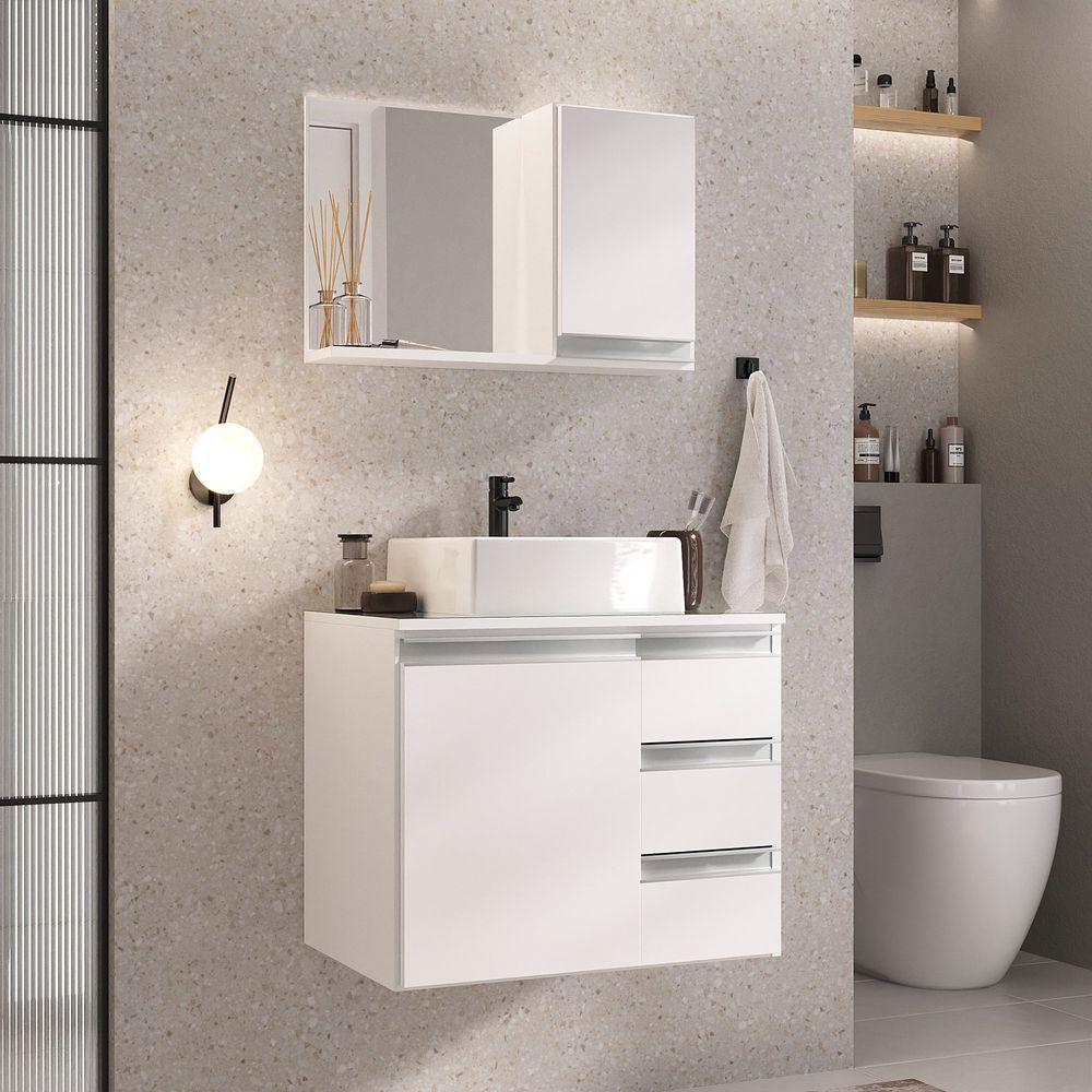 Conjunto Gabinete Banheiro Prisma 60cm - Gabinete + Cuba + Espelheira - Com Vidro Branco Inteiro - 1