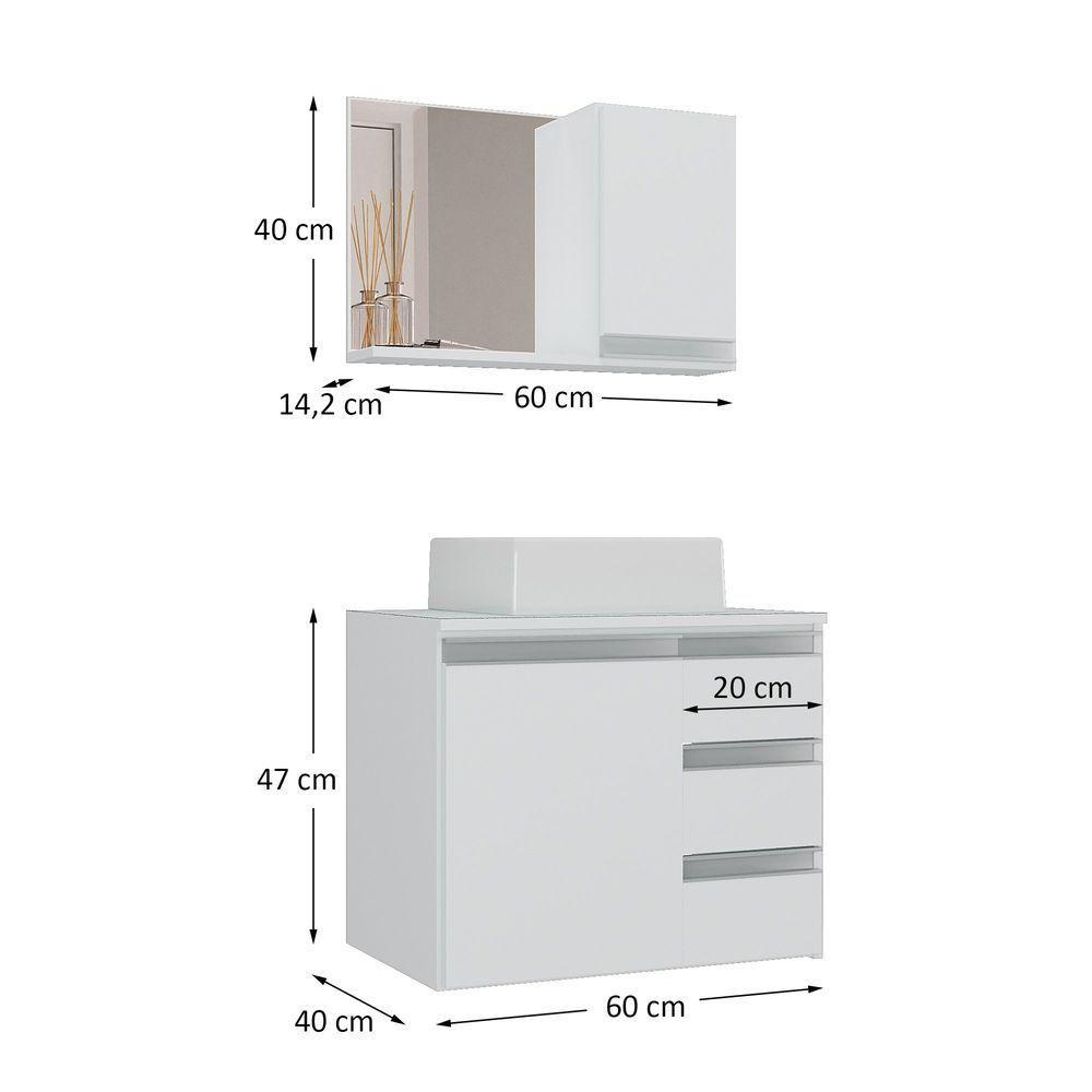 Conjunto Gabinete Banheiro Prisma 60cm - Gabinete + Cuba + Espelheira - Com Vidro Branco Inteiro - 2