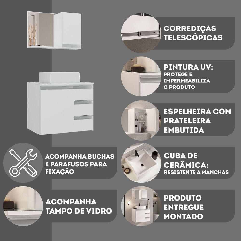 Conjunto Gabinete Banheiro Prisma 60cm - Gabinete + Cuba + Espelheira - Com Vidro Branco Inteiro - 4