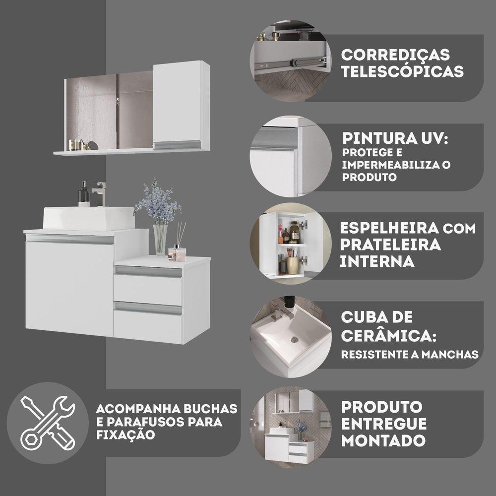Conjunto Gabinete Banheiro Cross 80 (gabinete+espelheira+cuba) Branco Inteiro - 2