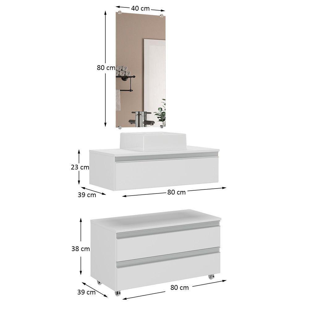 Conjunto De Gabinete Banheiro Creta 80cm (gabinete+cuba+espelheira) Branco Inteiro - 2