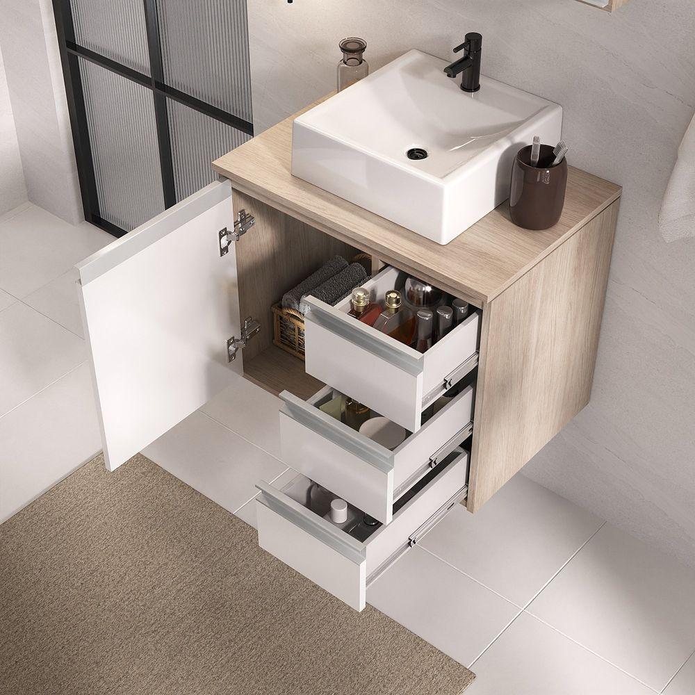 Conjunto Gabinete Banheiro Prisma 60cm Gabinete + Cuba + Espelheira Madeirado Branco - 4