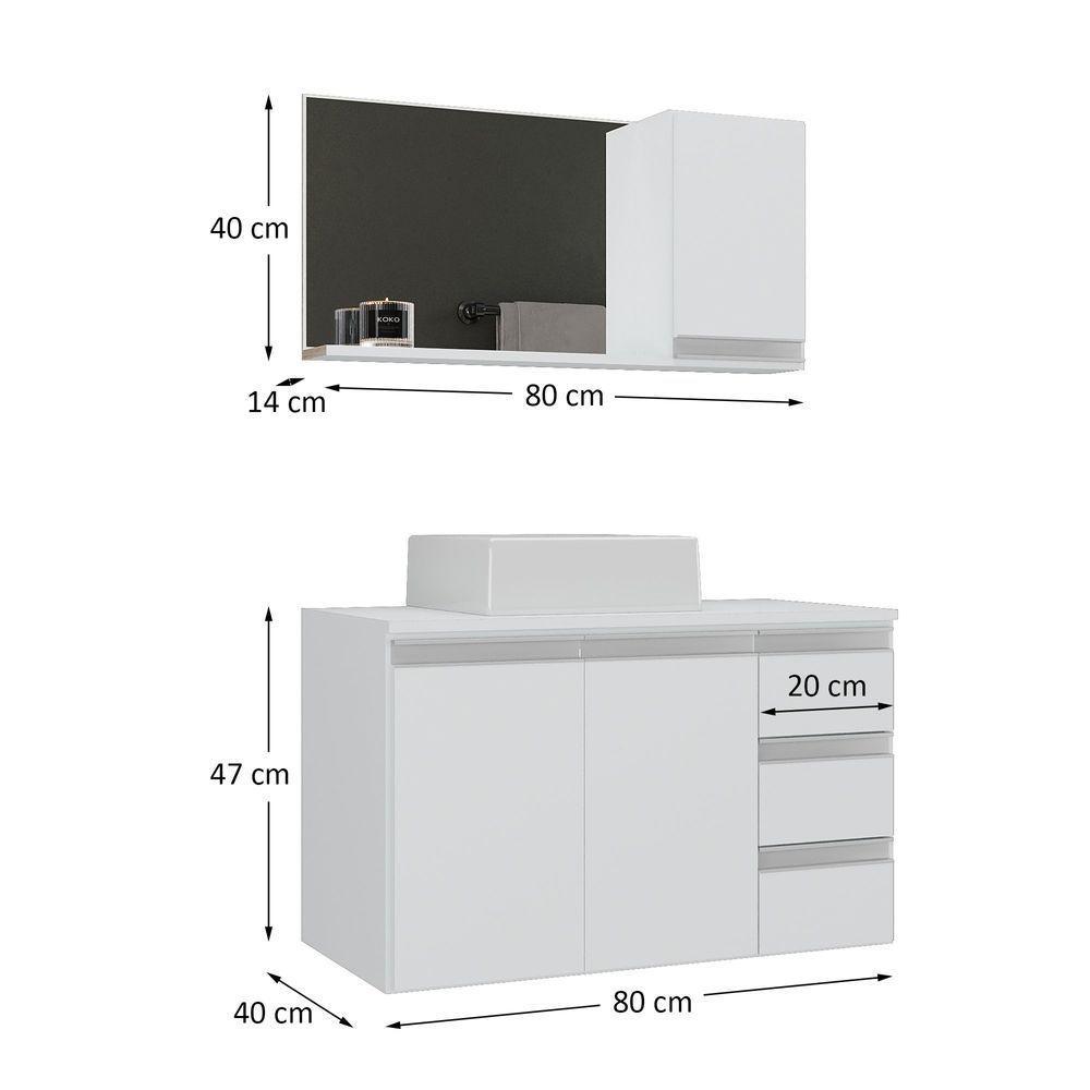 Conjunto Gabinete Banheiro Prisma 80cm Gabinete + Cuba + Espelheira Branco Inteiro - 2