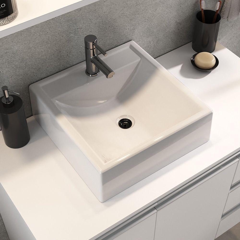 Conjunto Gabinete Banheiro Prisma 80cm Gabinete + Cuba + Espelheira Branco Inteiro - 6