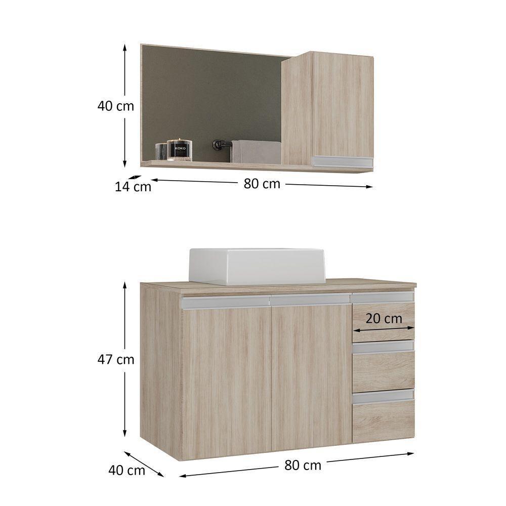Conjunto Gabinete Banheiro Prisma 80cm Gabinete + Cuba + Espelheira Com Vidro Madeirado Inteiro - 2