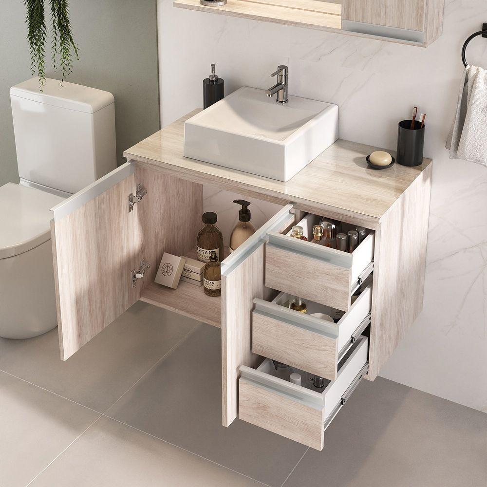 Conjunto Gabinete Banheiro Prisma 80cm Gabinete + Cuba + Espelheira Com Vidro Madeirado Inteiro - 6