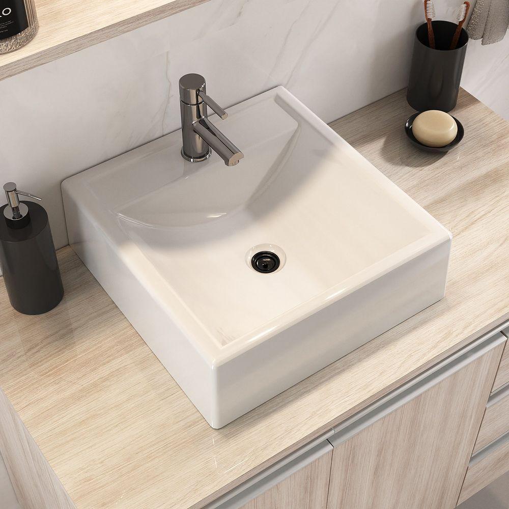 Conjunto Gabinete Banheiro Prisma 80cm Gabinete + Cuba + Espelheira Com Vidro Madeirado Inteiro - 7