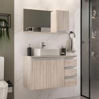 Conjunto Gabinete Banheiro Prisma 80cm Gabinete + Cuba + Espelheira Com Vidro Madeirado Inteiro - 1