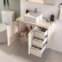 Conjunto Gabinete Banheiro Prisma 80cm Gabinete + Cuba + Espelheira Com Vidro Madeirado Inteiro - 6