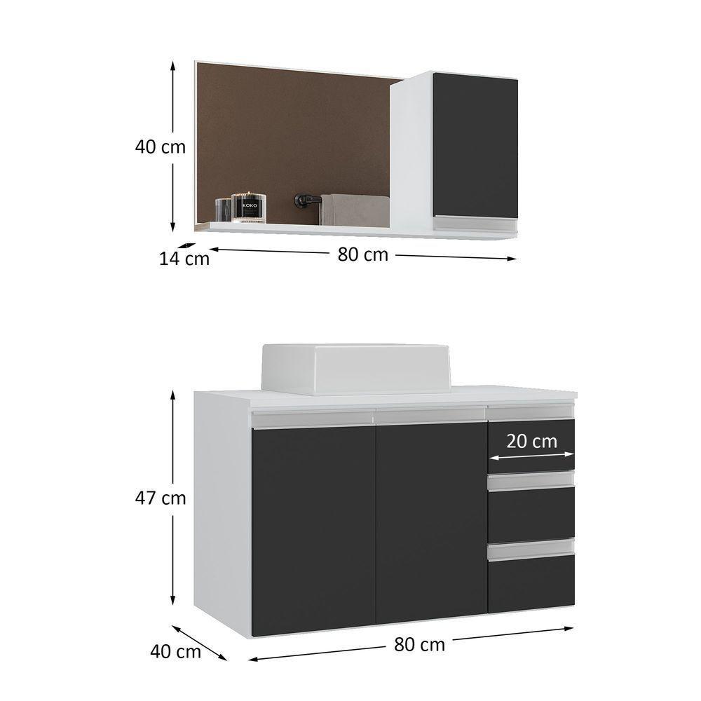 Conjunto Gabinete Banheiro Prisma 80cm Gabinete + Cuba + Espelheira Com Vidro Branco Preto - 2