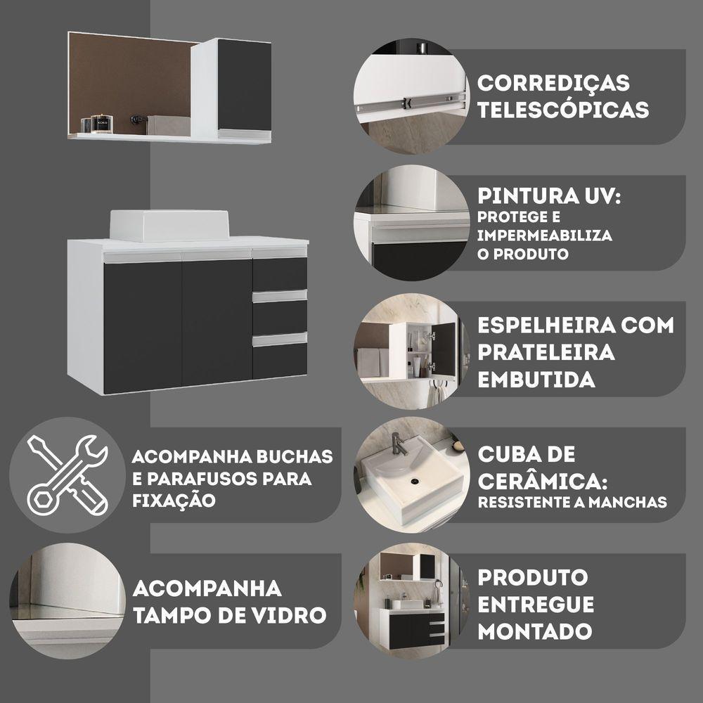 Conjunto Gabinete Banheiro Prisma 80cm Gabinete + Cuba + Espelheira Com Vidro Branco Preto - 4