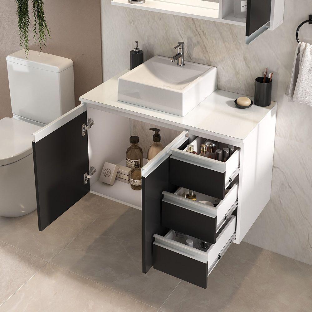 Conjunto Gabinete Banheiro Prisma 80cm Gabinete + Cuba + Espelheira Com Vidro Branco Preto - 5
