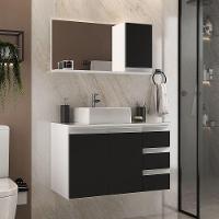 Conjunto Gabinete Banheiro Prisma 80cm Gabinete + Cuba + Espelheira Com Vidro Branco Preto - 1