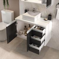 Conjunto Gabinete Banheiro Prisma 80cm Gabinete + Cuba + Espelheira Com Vidro Branco Preto - 5