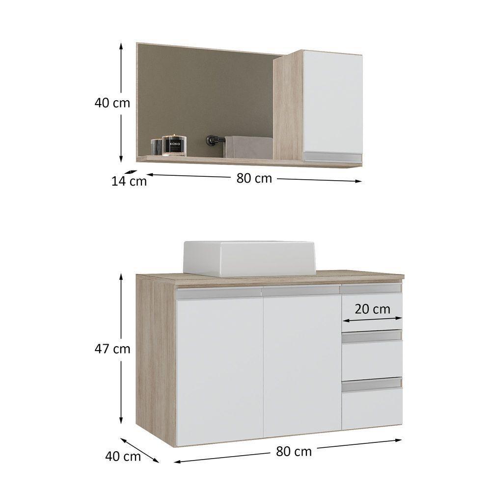 Conjunto Gabinete Banheiro Prisma 80cm Gabinete + Cuba + Espelheira Com Vidro Madeirado Branco - 2