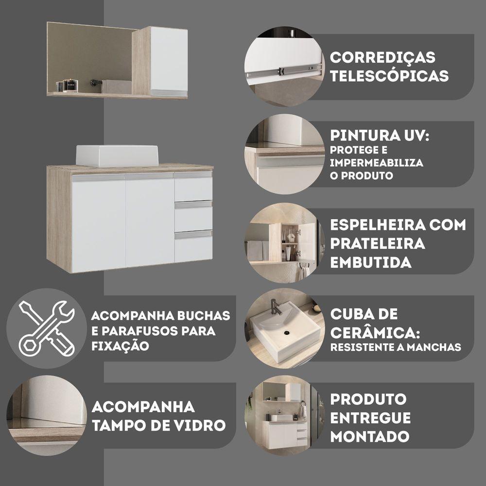 Conjunto Gabinete Banheiro Prisma 80cm Gabinete + Cuba + Espelheira Com Vidro Madeirado Branco - 4