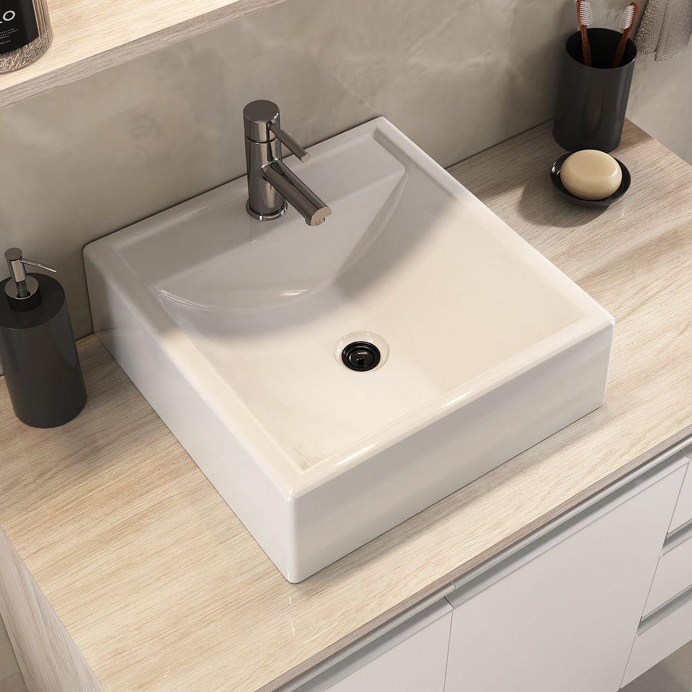 Conjunto Gabinete Banheiro Prisma 80cm Gabinete + Cuba + Espelheira Com Vidro Madeirado Branco - 6