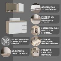 Conjunto Gabinete Banheiro Prisma 80cm Gabinete + Cuba + Espelheira Com Vidro Madeirado Branco