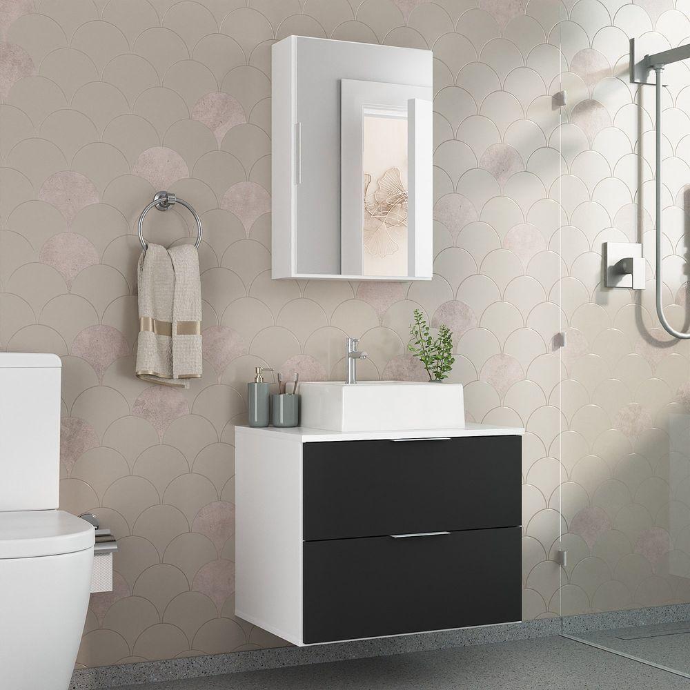 Conjunto Gabinete Banheiro Rubi 60cm Gabinete + Cuba + Espelheira Branco Preto - 1