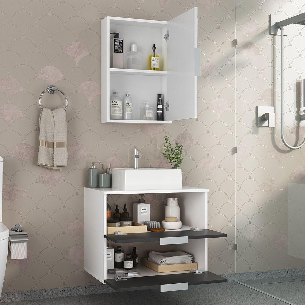 Conjunto Gabinete Banheiro Rubi 60cm Gabinete + Cuba + Espelheira Branco Preto - 2