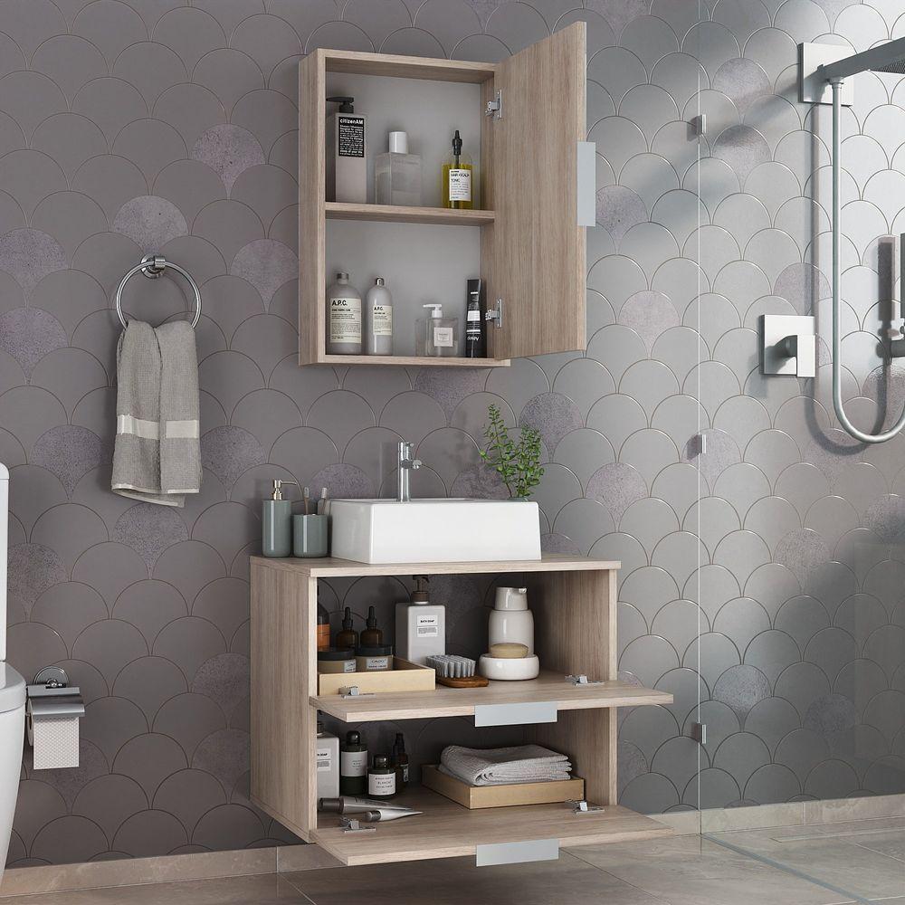 Conjunto Gabinete Banheiro Rubi 60cm Gabinete + Cuba + Espelheira Madeirado Inteiro - 6