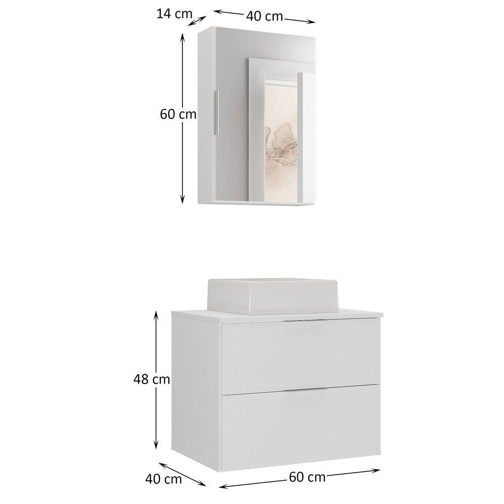 Conjunto Gabinete Banheiro Rubi 60cm Gabinete + Cuba + Espelheira Branco Inteiro - 3