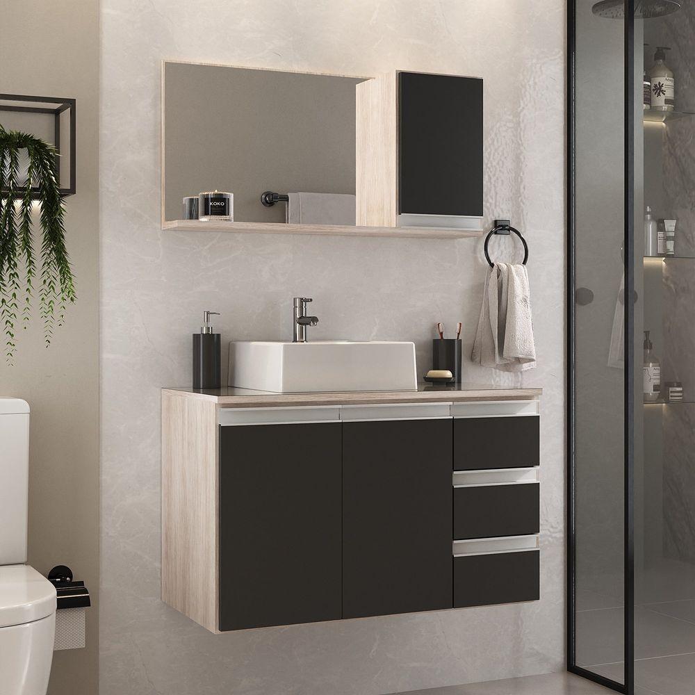 Conjunto Gabinete Banheiro Prisma 80cm Gabinete + Cuba + Espelheira Com Vidro Madeirado Preto - 1