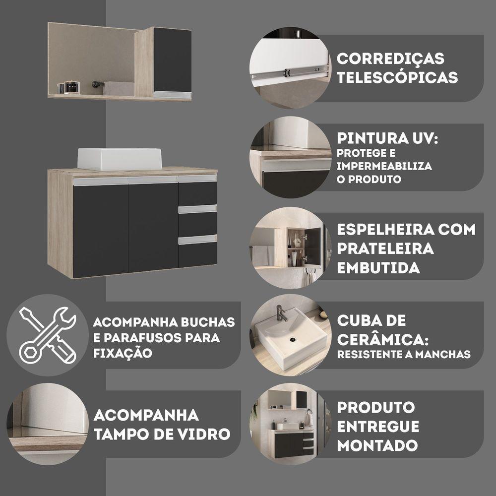 Conjunto Gabinete Banheiro Prisma 80cm Gabinete + Cuba + Espelheira Com Vidro Madeirado Preto - 5